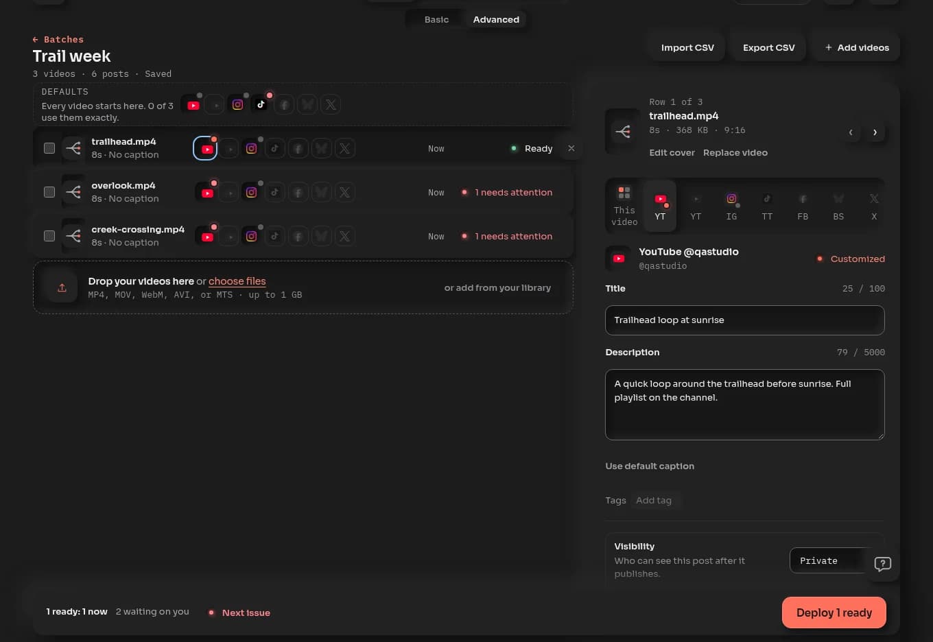 The Defaults row and three video rows in a batch, with one video's YouTube tab open in the inspector showing Customized, a title and description, and the bottom bar's ready count.