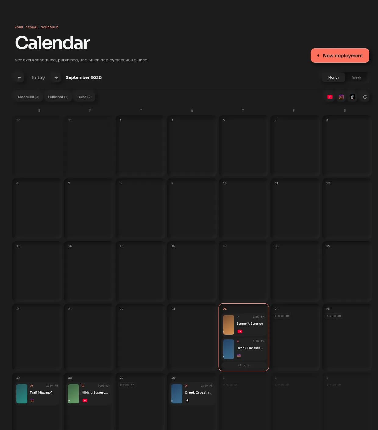 Calendar in Month view for September 2026, with Scheduled, Published and Failed counts and posts of each kind on different days.