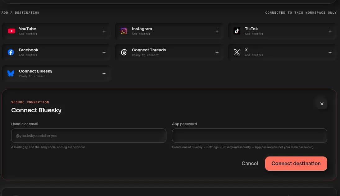 The Destinations tab's Add a destination shelf and the Connect Bluesky drawer, with Handle or email and App password fields.