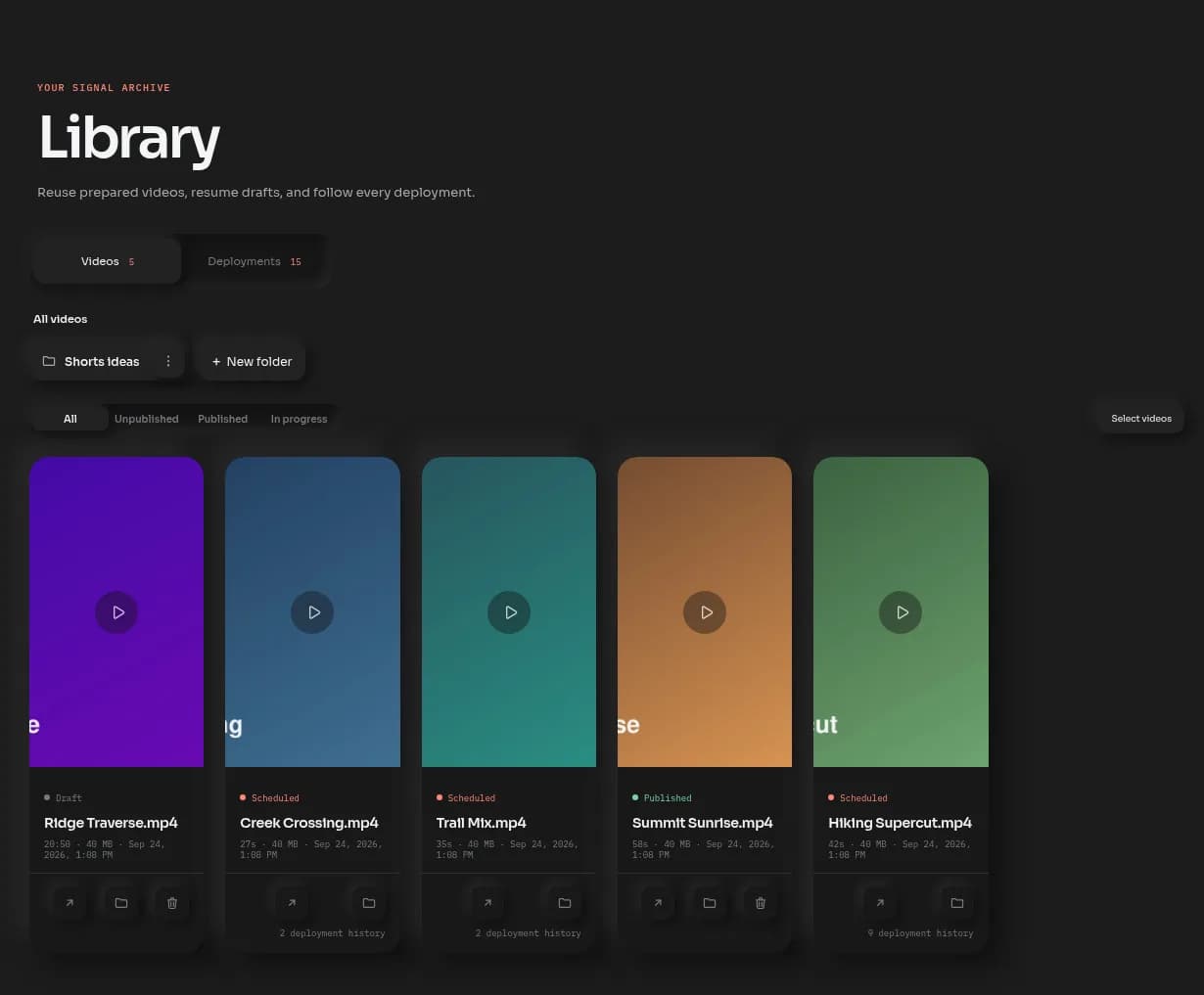 The Library's Videos tab, showing the video filter, a folder tile, and five uploaded videos including one already Published.