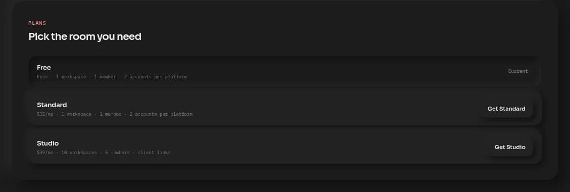 The Billing tab's Plans panel: three stacked plan rows for Free, Standard and Studio, each with its price, included line, and a Get or Switch to Free button.