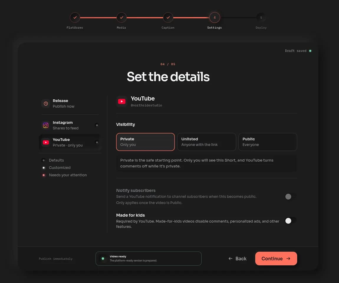 YouTube's settings panel with Visibility set to Private, Made for kids off, and Notify subscribers grayed out.