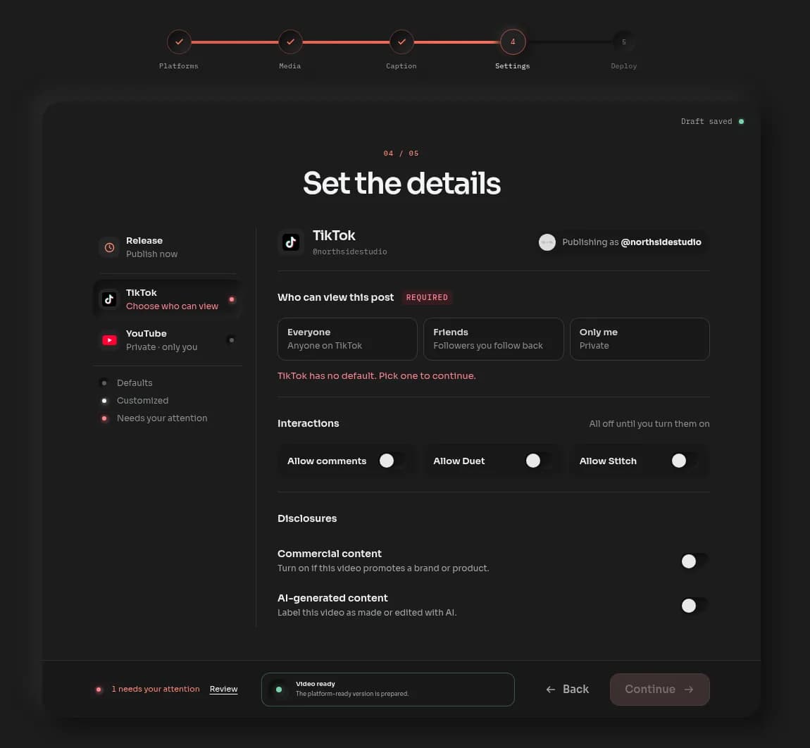 TikTok's settings panel: Publishing as the account's handle, Who can view this post with no default chosen, and Interactions all off.
