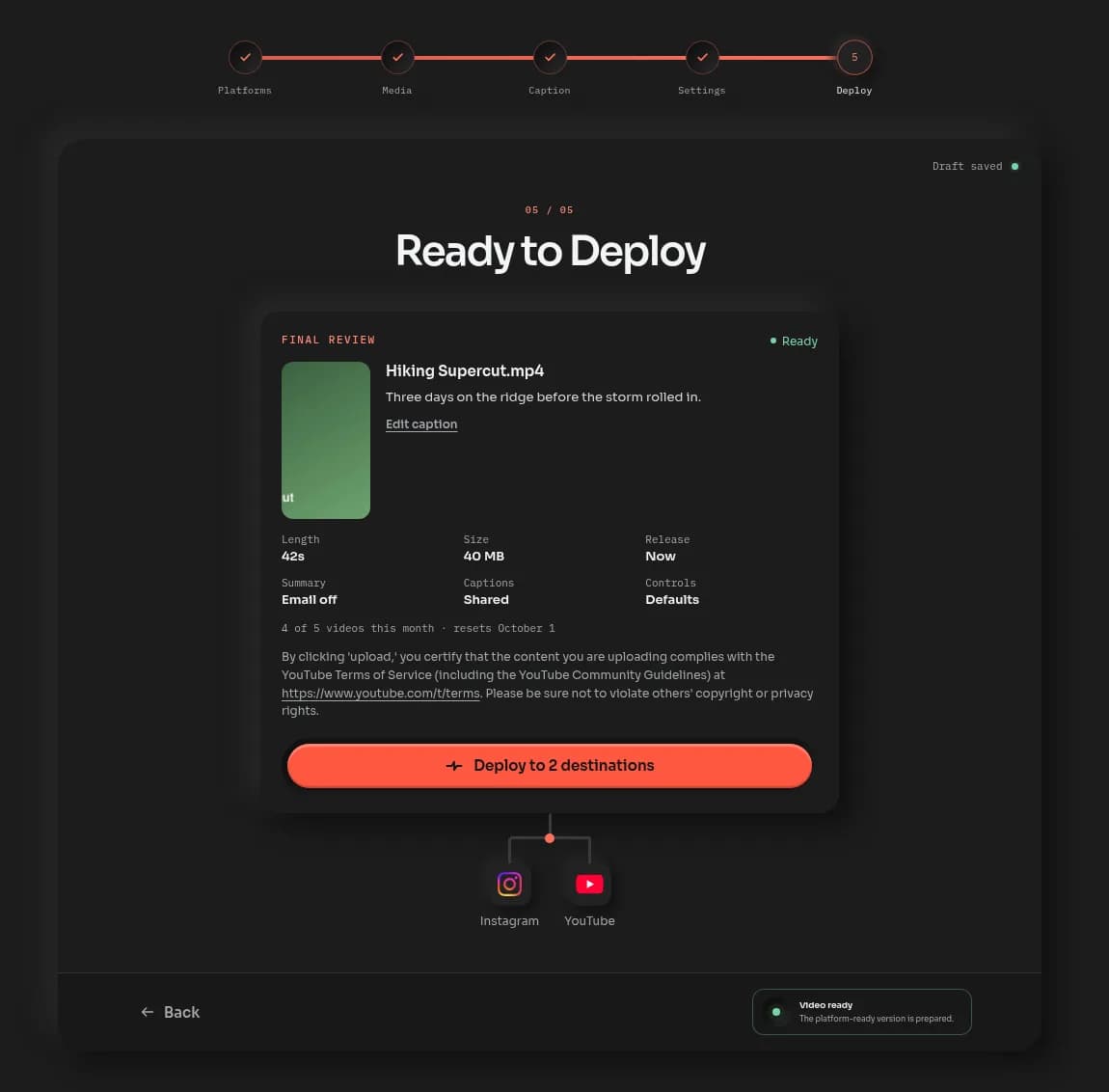 The Deploy step's final review card, showing the cover, caption, facts and a Deploy to 2 destinations button.