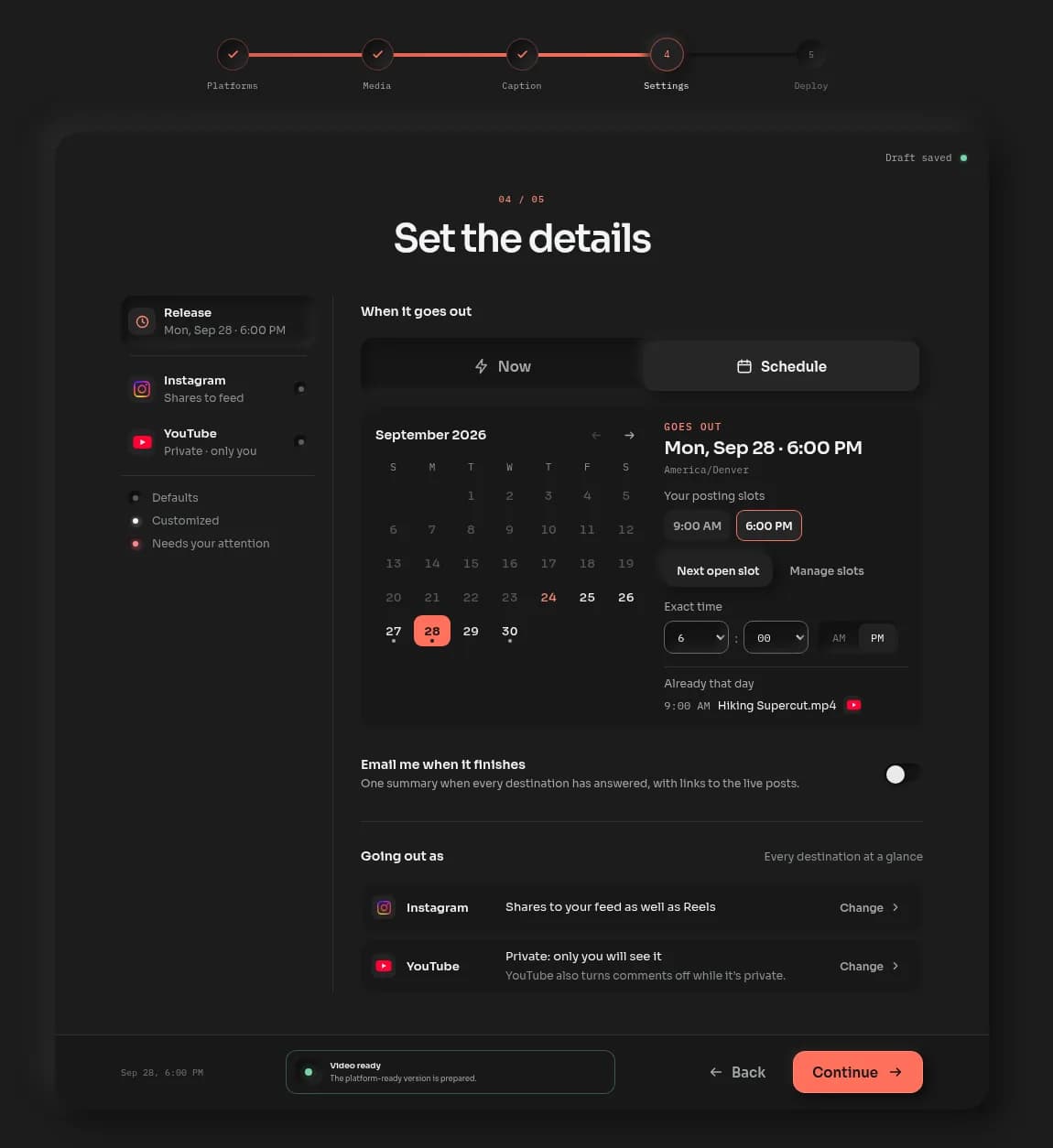 The Settings step's Release page in Schedule mode: a month calendar with a selected day, posting slots, and an Already that day list.