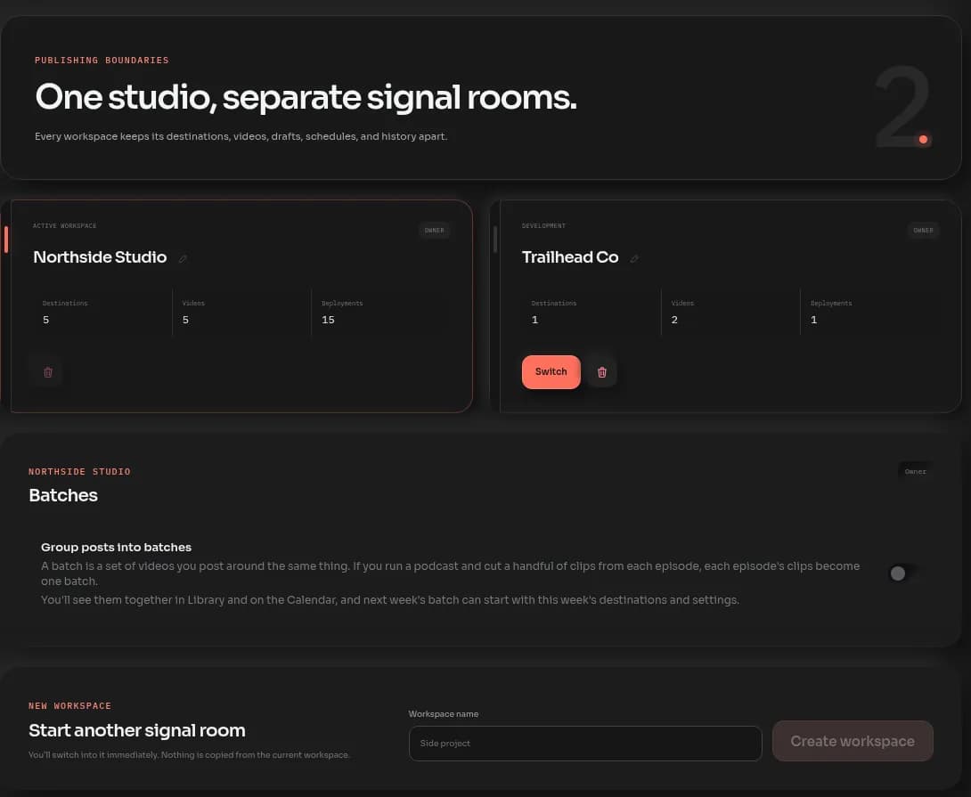 The Workspaces tab with two workspace cards, each showing its destination, video and deployment counts, and the Create workspace form below them.