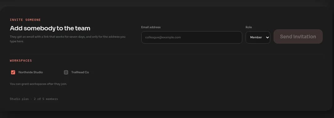 The Team tab's invite form with an email field, Role set to Member, a Workspaces checklist with one workspace ticked, and Send invitation.