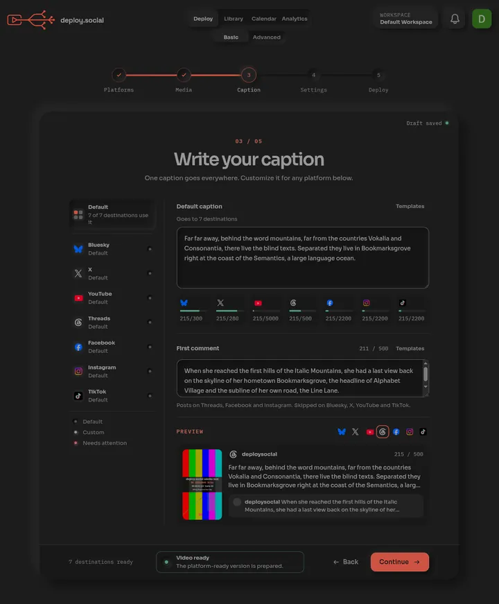 The Caption step in Deploy: one caption going to seven platforms, with a counter under each platform's logo showing how it fits that platform's limit, a first comment, and a preview.