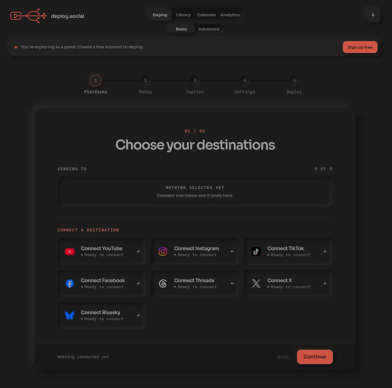 The first step in Deploy: a Connect button for each of YouTube, Instagram, TikTok, Facebook, Threads, X and Bluesky.