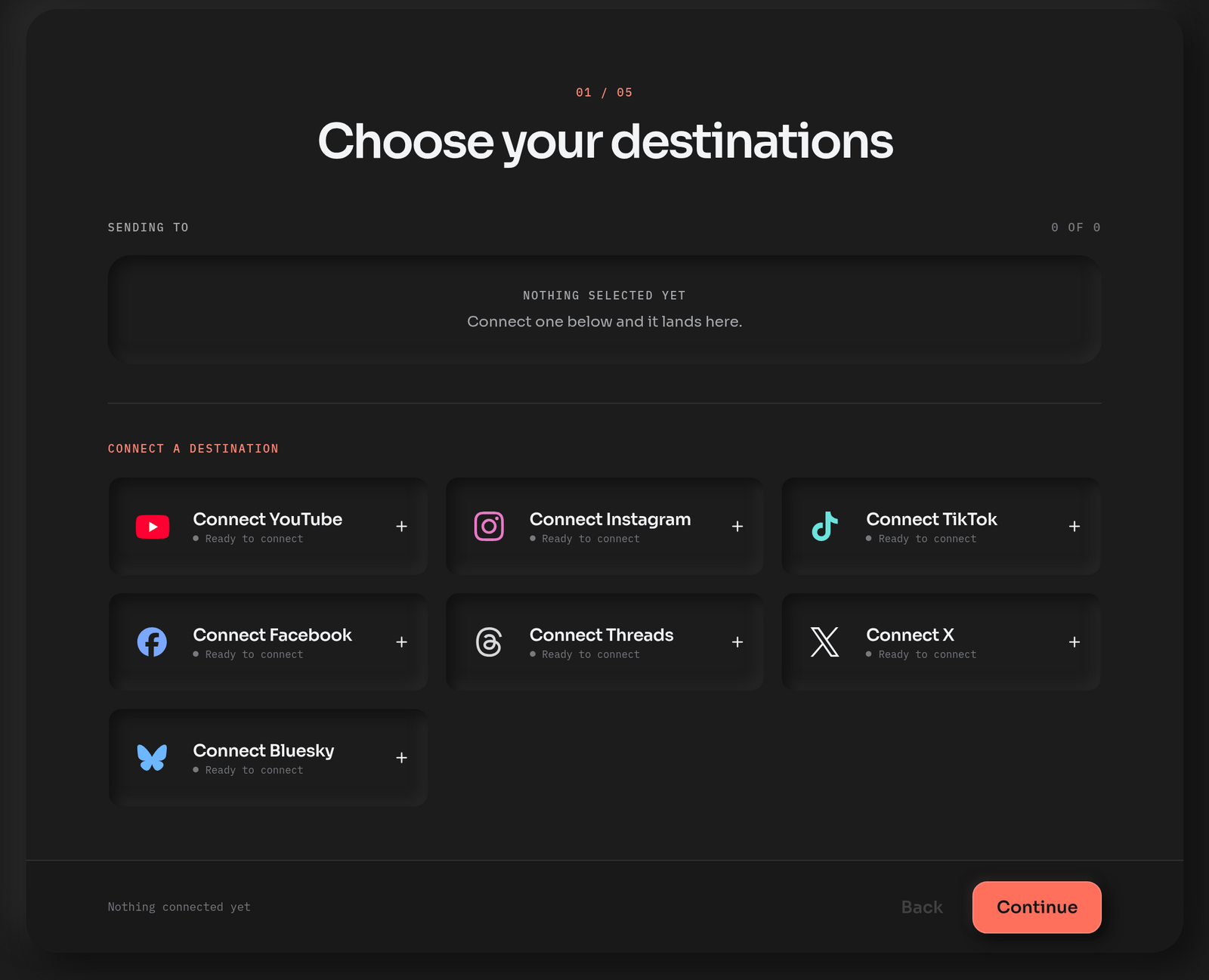The first step of a deploy: seven Connect buttons, one per platform, above a Continue button.